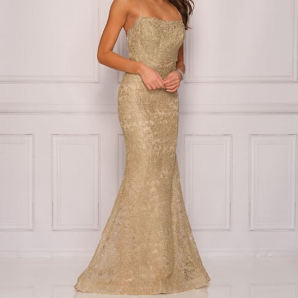 NWOT Dave and Johnny 9303 Gold Prom Dress - Picture 1 of 2